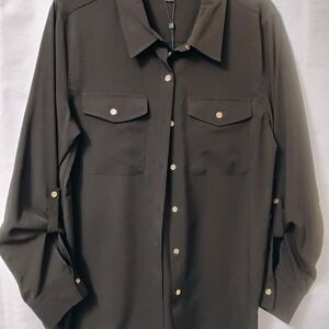 Tommy Hilfiger Black Button Down Shirt With Gold Buttons And Roll Tab Sleeves